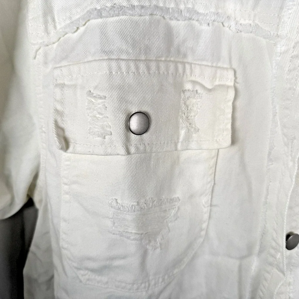 Y2K Distressed White Denim Jacket Long Sleeve Button Casual Womens‎ 3XL NEW